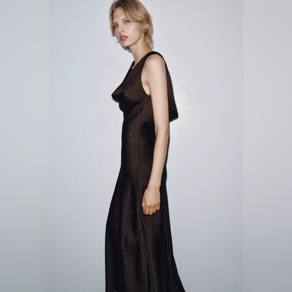NEW Zara zw collection Elegant Brown Sleeveless maxi stin effect evening dress - Picture 4 of 9
